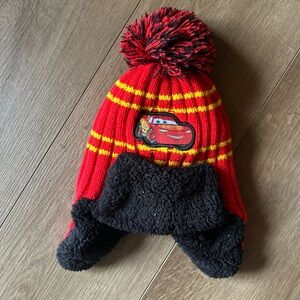 Red and Black Pom-Pom Beanie with Car Design